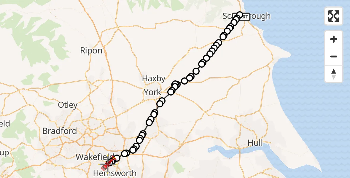 Flight route Air Ambulance Helicopter Scarborough - YAA Nostell Helicopter Port, 17 May 2026, 18:20