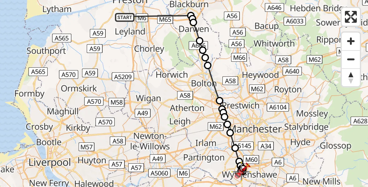 Flight route Air Ambulance Helicopter New Gate - Wythenshawe, 17 May 2026, 18:24