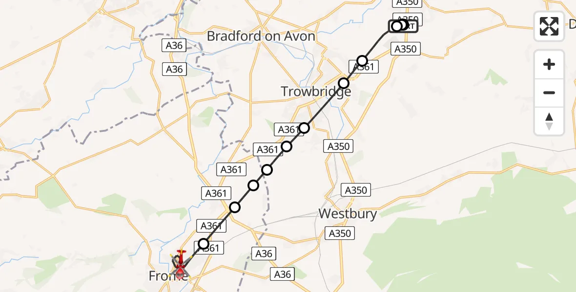 Flight route Air Ambulance Helicopter Wiltshire Air Ambulance - Frome, 17 May 2026, 18:24