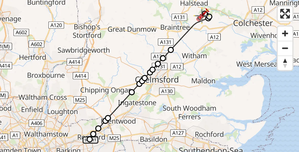 Flight route Air Ambulance Helicopter Queens Hospital Romford - Earls Colne Airfield, 17 May 2026, 18:30