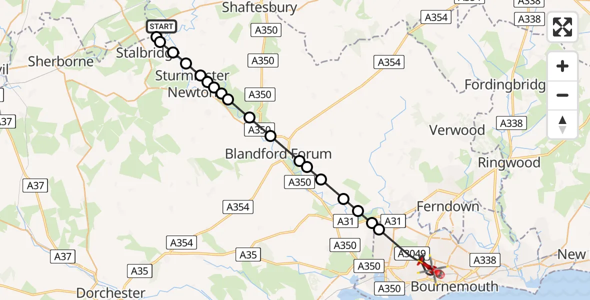Flight route Air Ambulance Helicopter Henstridge Airfield - Poole, 17 May 2026, 18:33