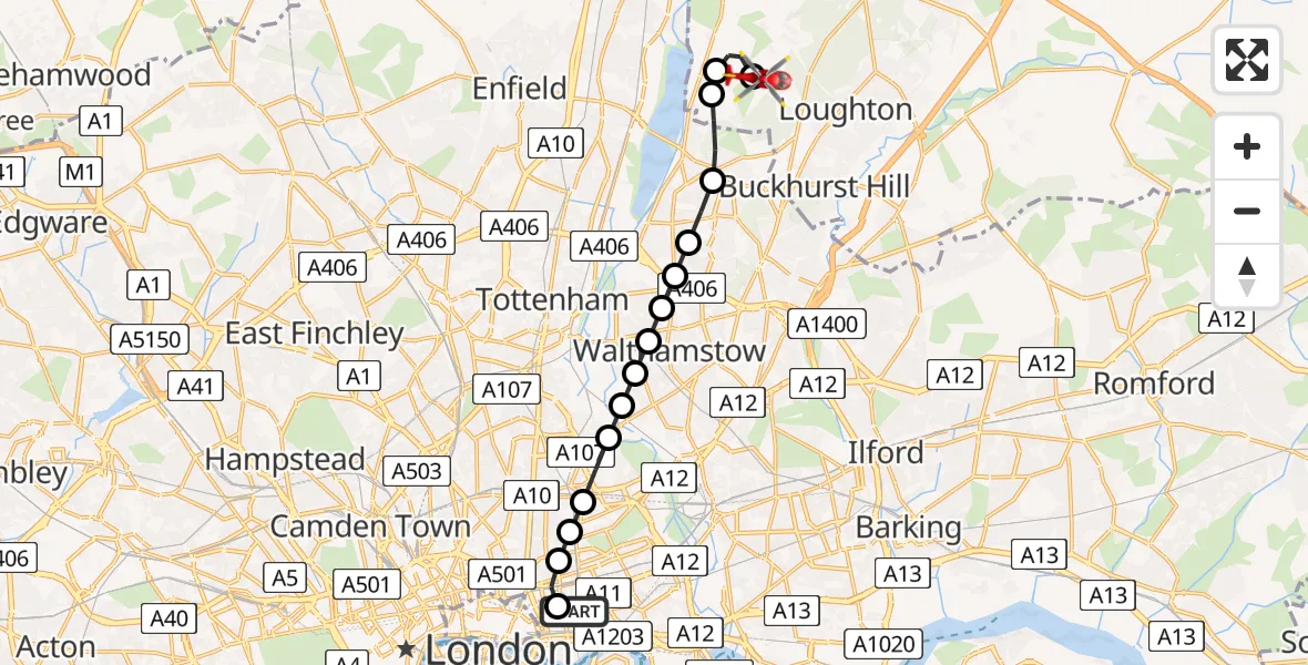 Flight route Air Ambulance Helicopter Royal London Hospital - Metropolitan Police Air Support Unit Lippitts Hill, 17 May 2026, 18:36