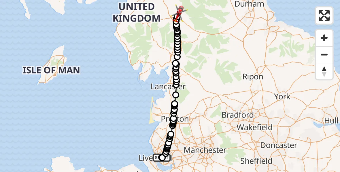 Flight route Air Ambulance Helicopter Knotty Ash - Langwathby, 17 May 2026, 18:36