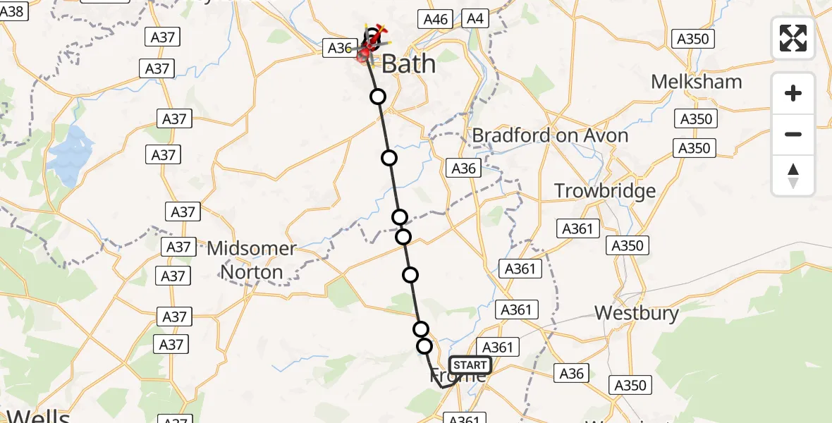 Flight route Air Ambulance Helicopter Frome - Royal United Hospital Bath, 17 May 2026, 18:51