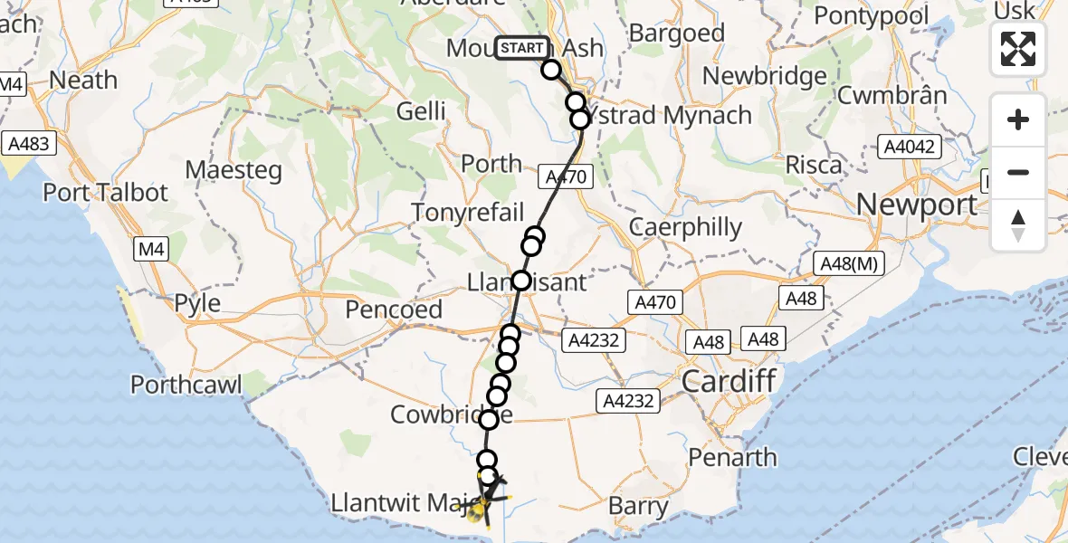 Flight route Police Helicopter Mountain Ash - Flemingston, 17 May 2026, 18:53