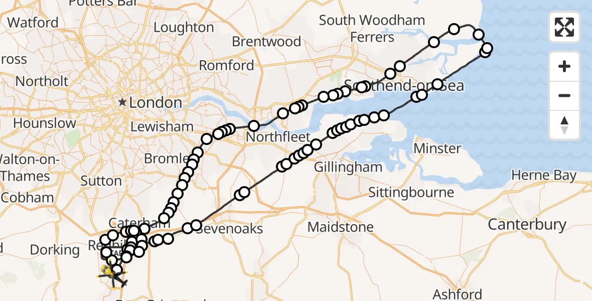 Flight route Police Helicopter South Nutfield - Horley, 17 May 2026, 19:00