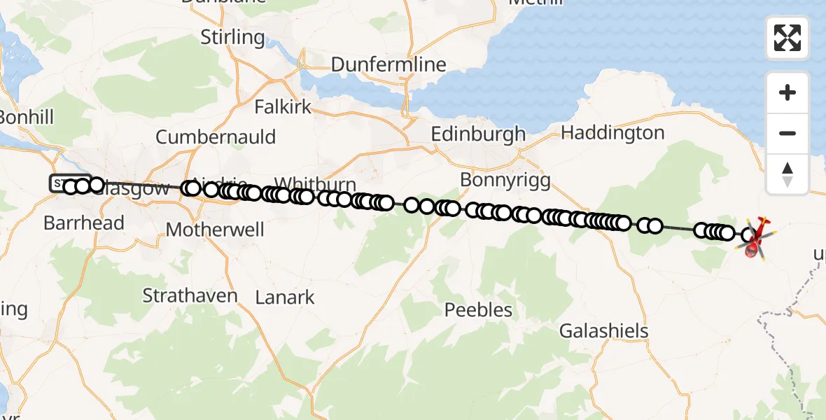 Flight route Air Ambulance Helicopter Glasgow Airport - Duns, 17 May 2026, 19:05