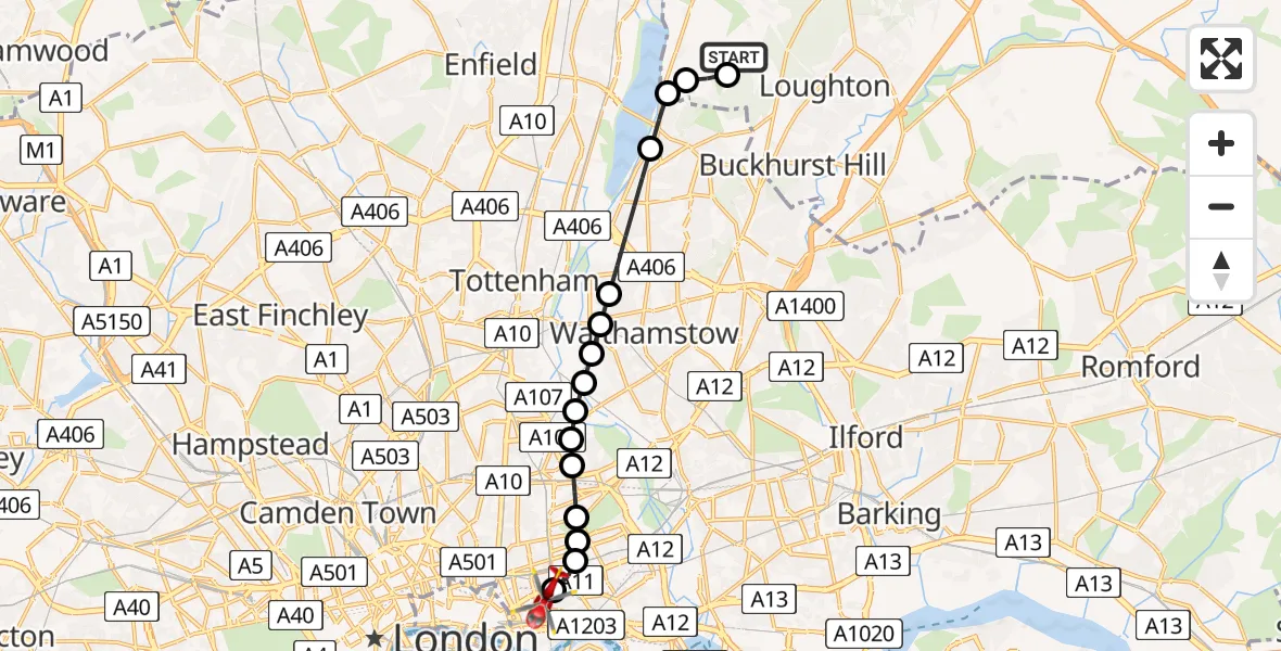 Flight route Air Ambulance Helicopter Metropolitan Police Air Support Unit Lippitts Hill - Royal London Hospital, 17 May 2026, 19:16