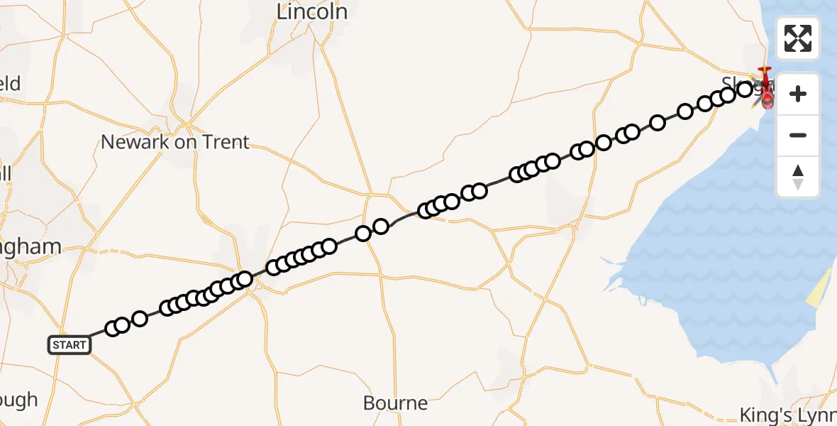 Flight route Air Ambulance Helicopter Hickling - Skegness, 17 May 2026, 19:16