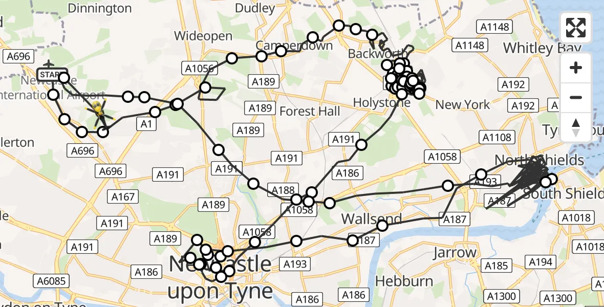 Flight route Police Helicopter Newcastle International Airport - Woolsington, 17 May 2026, 19:21