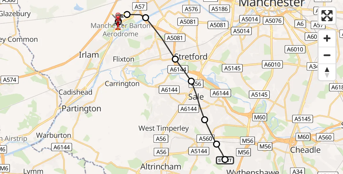Flight route Air Ambulance Helicopter Wythenshawe Hospital Helipad - Irlam, 17 May 2026, 19:27