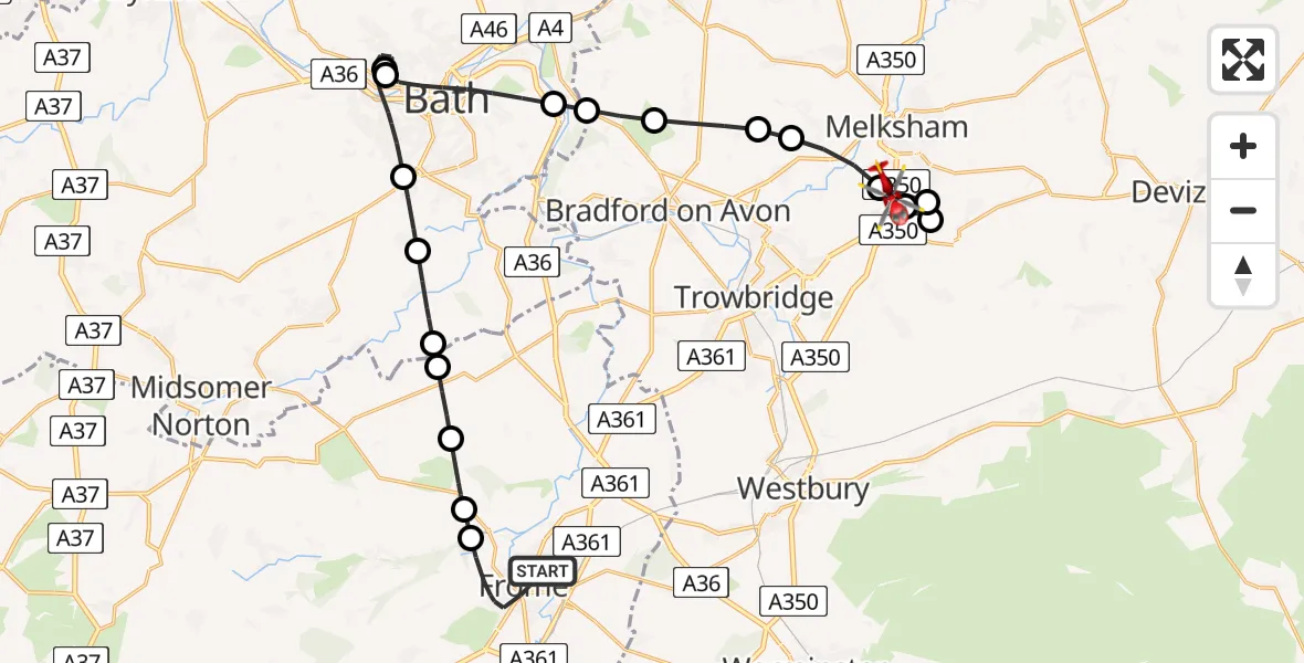 Flight route Air Ambulance Helicopter Frome - Melksham, 17 May 2026, 19:29