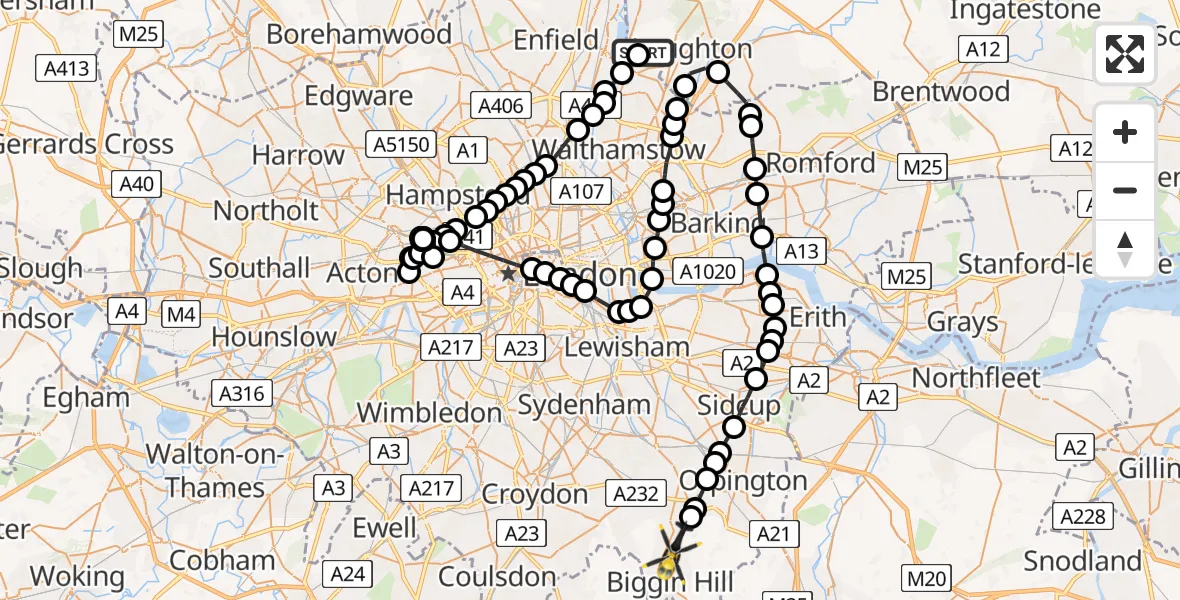 Flight route Police Helicopter Sewardstonebury - London Biggin Hill Airport, 17 May 2026, 19:34