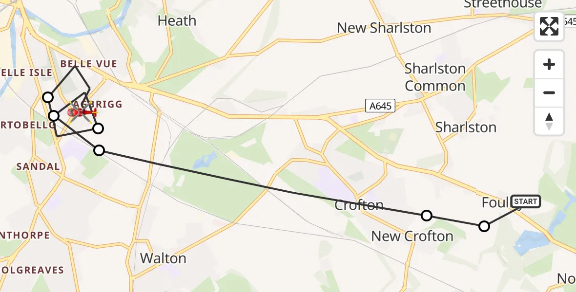 Flight route Air Ambulance Helicopter YAA Nostell Helicopter Port - Heath, 17 May 2026, 19:38