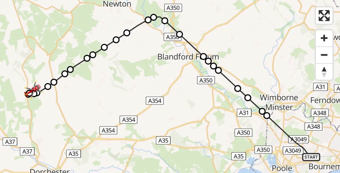 Flight route Air Ambulance Helicopter Poole - Cerne Abbas, 17 May 2026, 19:40