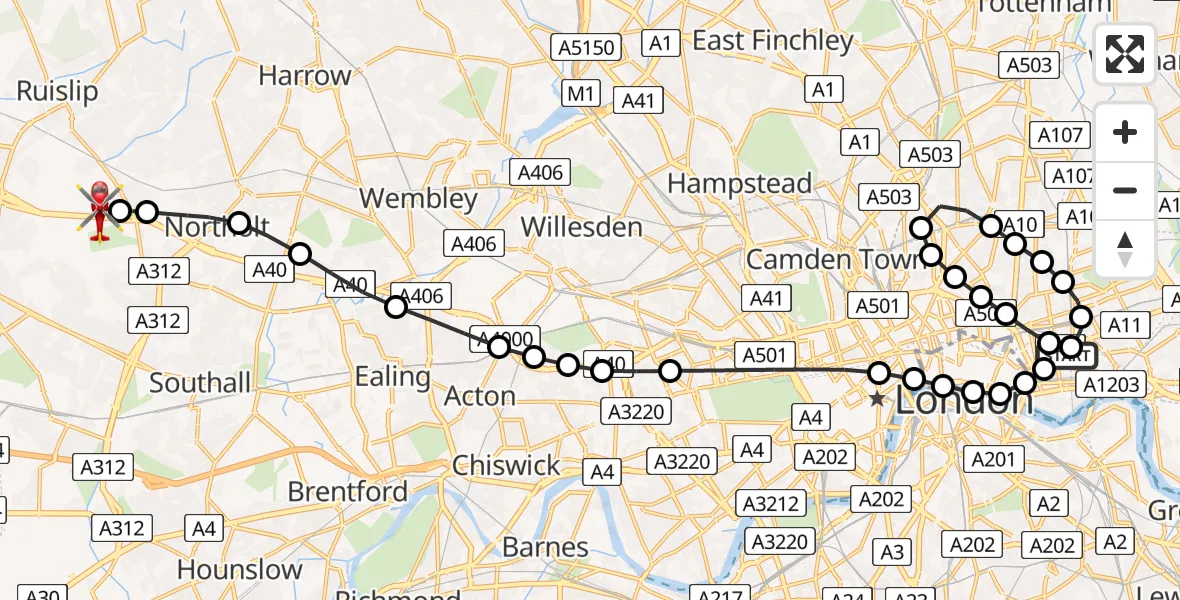 Flight route Air Ambulance Helicopter Royal London Hospital - RAF Northolt, 17 May 2026, 19:46