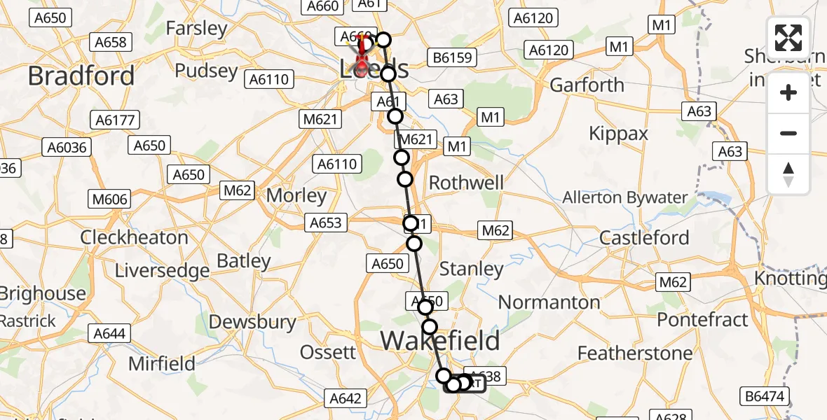Flight route Air Ambulance Helicopter Heath - Woodhouse, 17 May 2026, 20:10