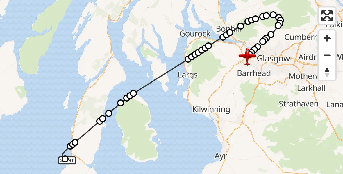 Flight route Air Ambulance Aircraft Machrihanish - Glasgow Airport, 17 May 2026, 20:17