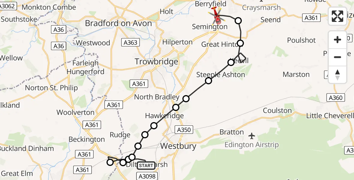 Flight route Air Ambulance Helicopter Dilton Marsh - Melksham, 17 May 2026, 20:22