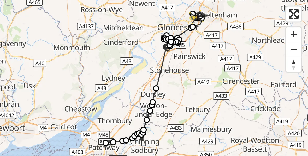 Flight route Police Helicopter Almondsbury Helicopter Base - Gloucestershire Airport, 17 May 2026, 20:23