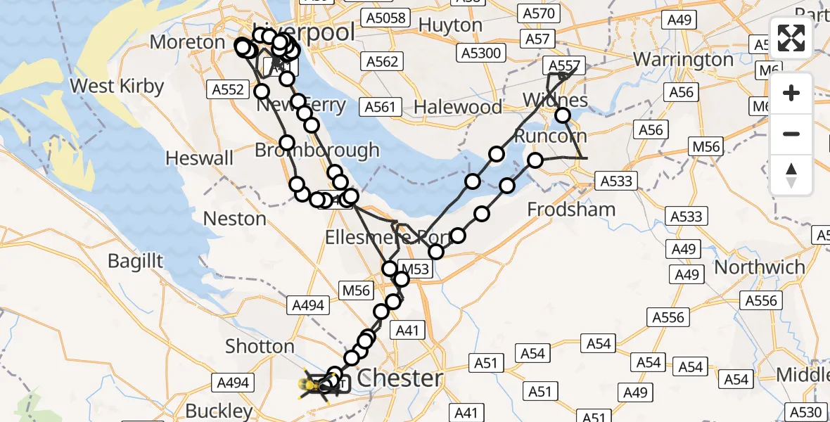 Flight route Police Helicopter Hawarden Airport - Hawarden Airport, 17 May 2026, 20:29