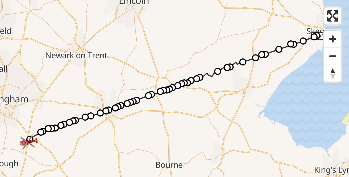 Flight route Air Ambulance Helicopter Skegness - Rushcliffe, 17 May 2026, 20:32