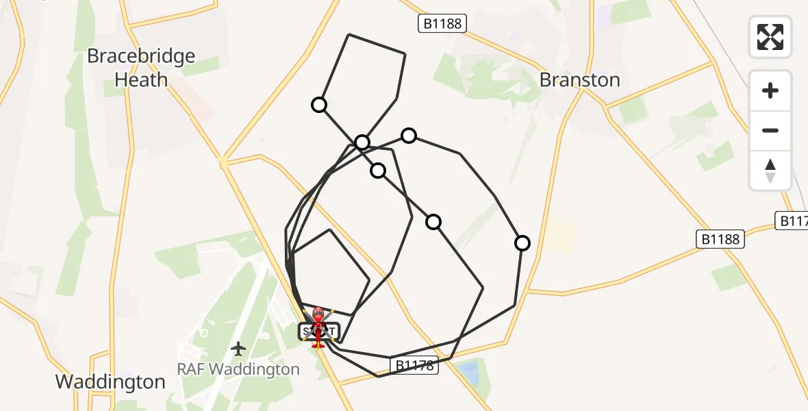 Flight route Air Ambulance Helicopter RAF Waddington - North Kesteven, 17 May 2026, 20:40