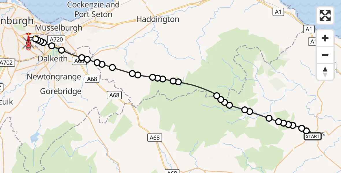 Flight route Air Ambulance Helicopter Duns - RIE Rooftop, 17 May 2026, 20:52