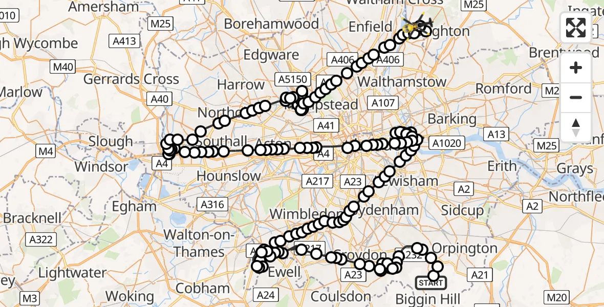 Flight route Police Helicopter London Biggin Hill Airport - Sewardstonebury, 17 May 2026, 20:57