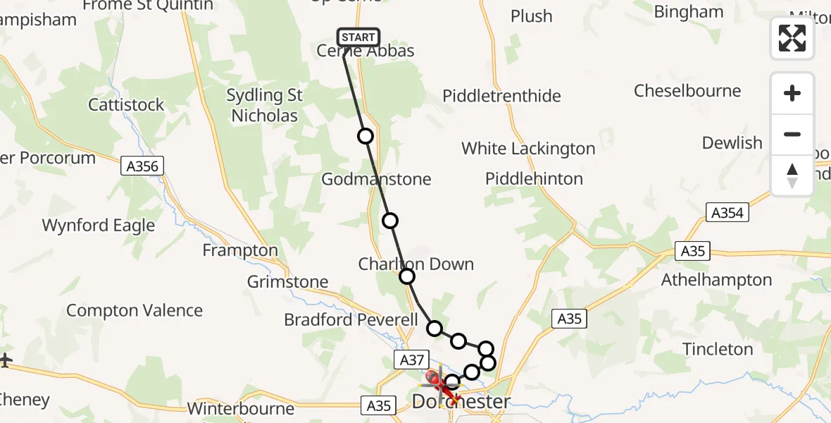 Flight route Air Ambulance Helicopter Cerne Abbas - Dorchester, 17 May 2026, 20:59