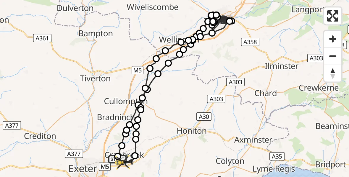 Flight route Police Helicopter Cranbrook - Rockbeare, 17 May 2026, 21:03