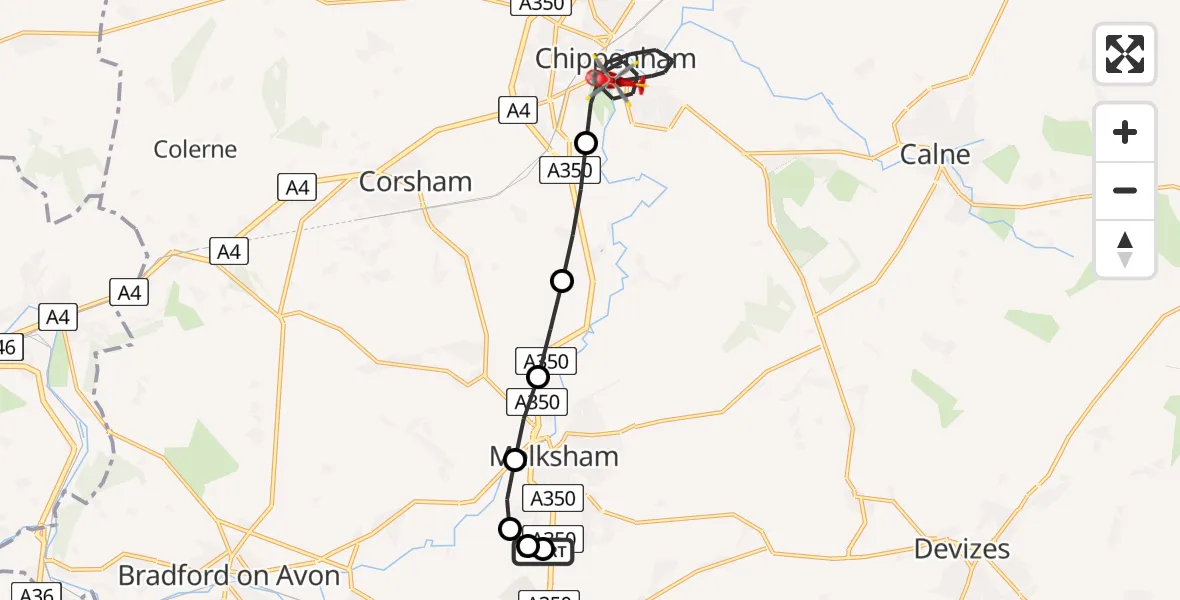 Flight route Air Ambulance Helicopter Wiltshire Air Ambulance - Chippenham, 17 May 2026, 21:14