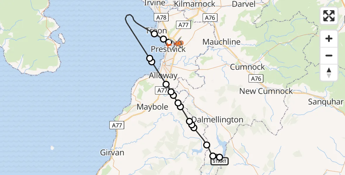 Flight route Coastguard Helicopter Loch Doon - Glasgow Prestwick Airport, 17 May 2026, 21:20