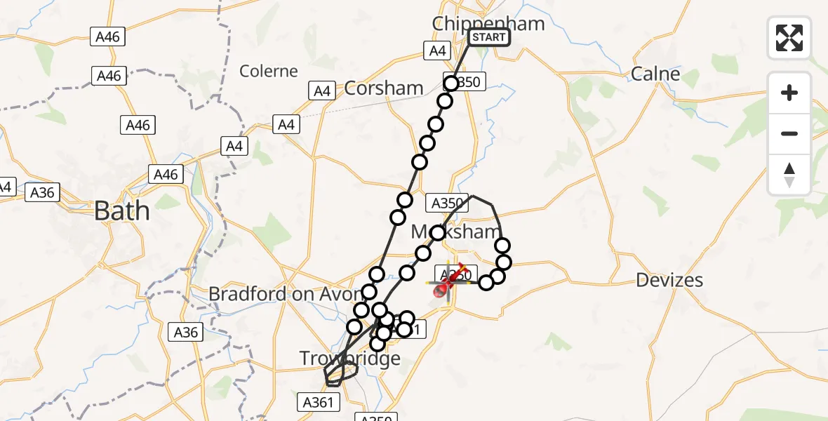 Flight route Air Ambulance Helicopter Chippenham - Melksham, 17 May 2026, 21:24