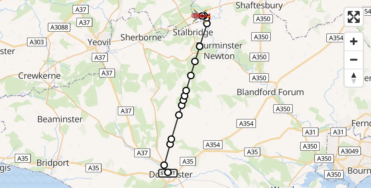 Flight route Air Ambulance Helicopter Dorchester Hospital - Kington Magna, 17 May 2026, 21:31