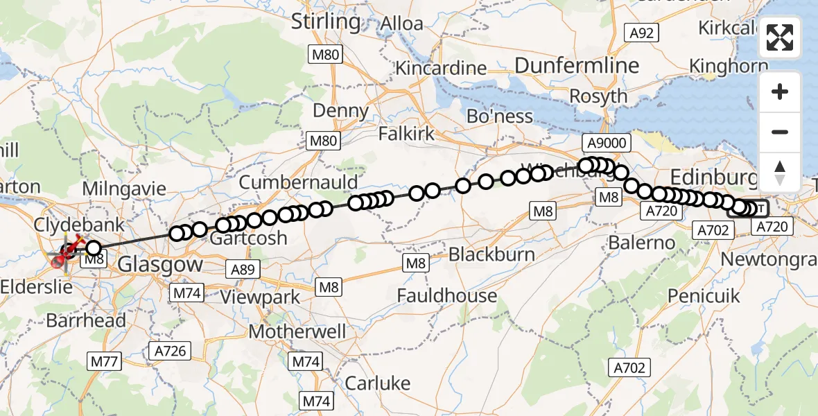 Flight route Air Ambulance Helicopter RIE Rooftop - Glasgow Airport, 17 May 2026, 21:54