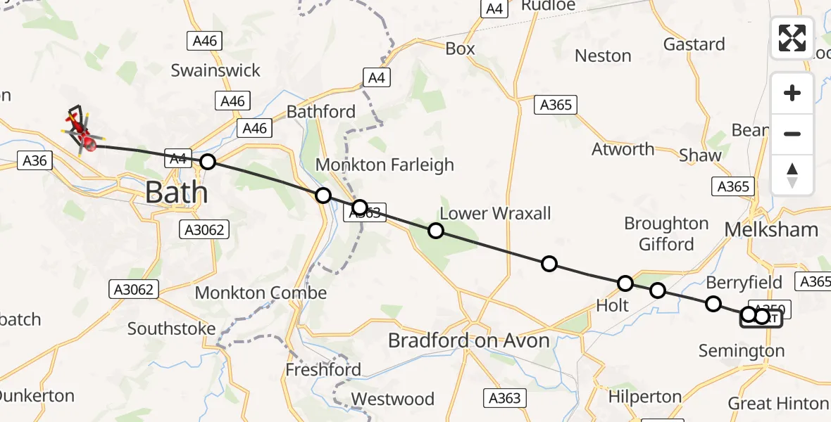 Flight route Air Ambulance Helicopter Wiltshire Air Ambulance - Bath, 17 May 2026, 22:03
