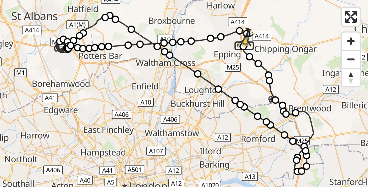 Flight route Police Helicopter North Weald Airfield - North Weald Airfield, 17 May 2026, 22:03