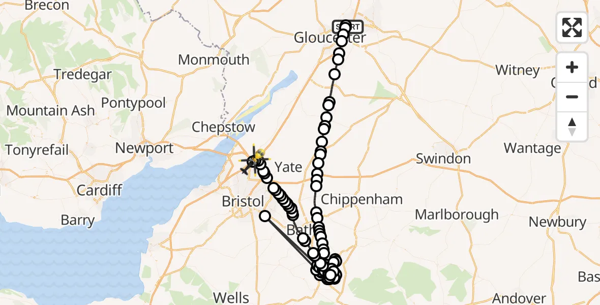 Flight route Police Helicopter Gloucestershire Airport - Almondsbury Helicopter Base, 17 May 2026, 22:14