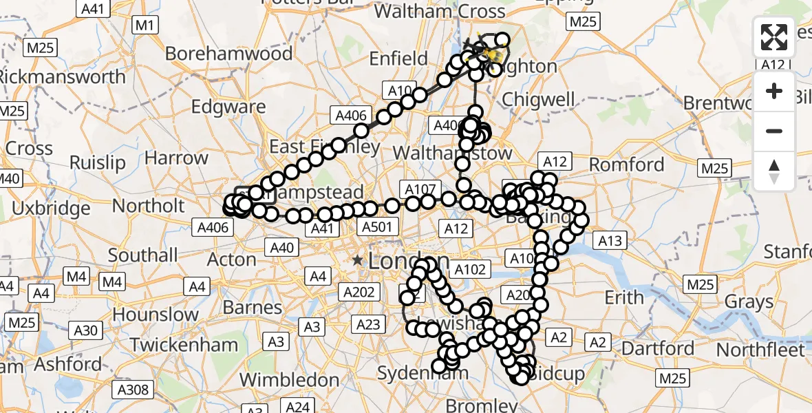 Flight route Police Helicopter Dollis Hill - Sewardstonebury, 17 May 2026, 23:15