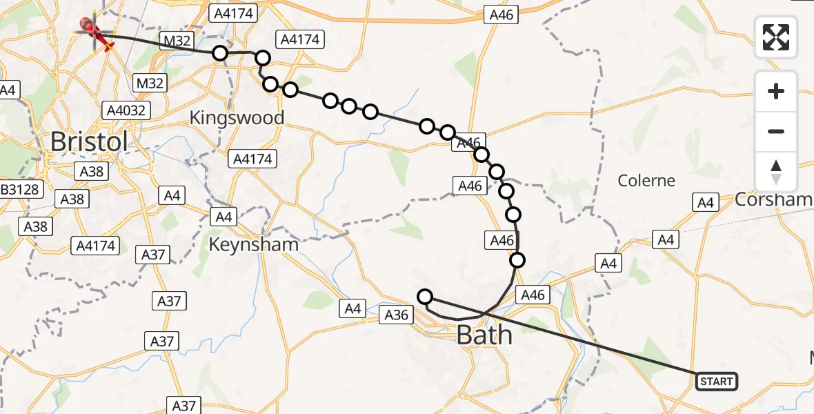 Flight route Air Ambulance Helicopter Lower Wraxall - Bristol, 17 May 2026, 23:17