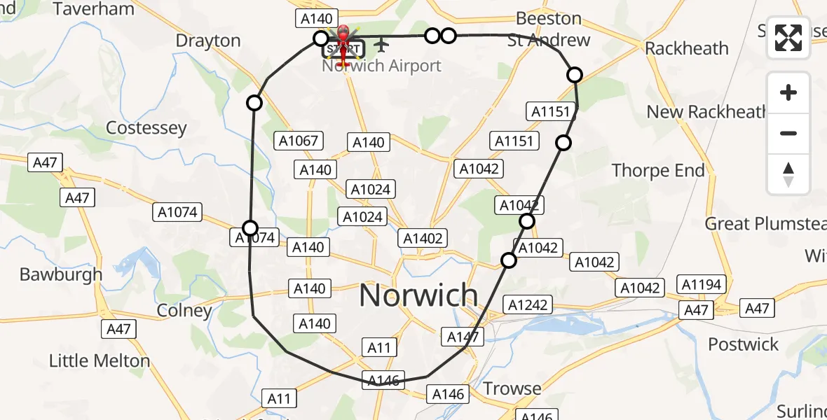 Flight route Air Ambulance Helicopter Norwich Airport - Norwich Airport, 17 May 2026, 23:28