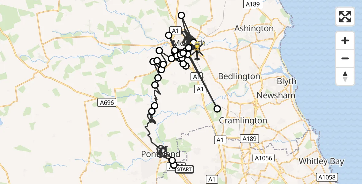 Flight route Police Helicopter Newcastle International Airport - Morpeth, 17 May 2026, 23:39