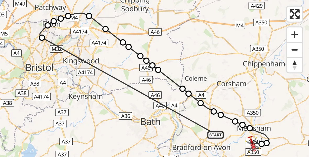 Flight route Air Ambulance Helicopter Lower Wraxall - Wiltshire Air Ambulance, 18 May 2026, 00:19