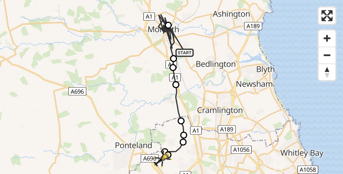 Flight route Police Helicopter Hepscott - Newcastle International Airport, 18 May 2026, 00:44