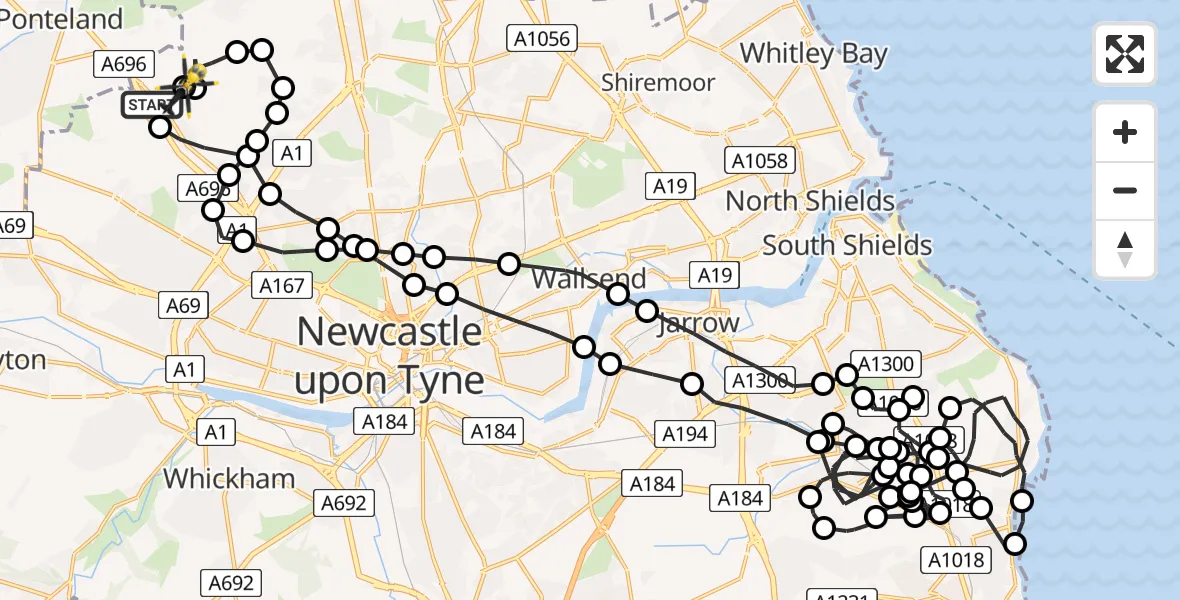 Flight route Police Helicopter Newcastle International Airport - Newcastle International Airport, 18 May 2026, 01:26