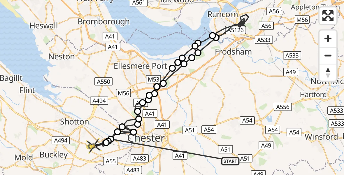 Flight route Police Helicopter Clotton - Sandycroft, 18 May 2026, 02:48
