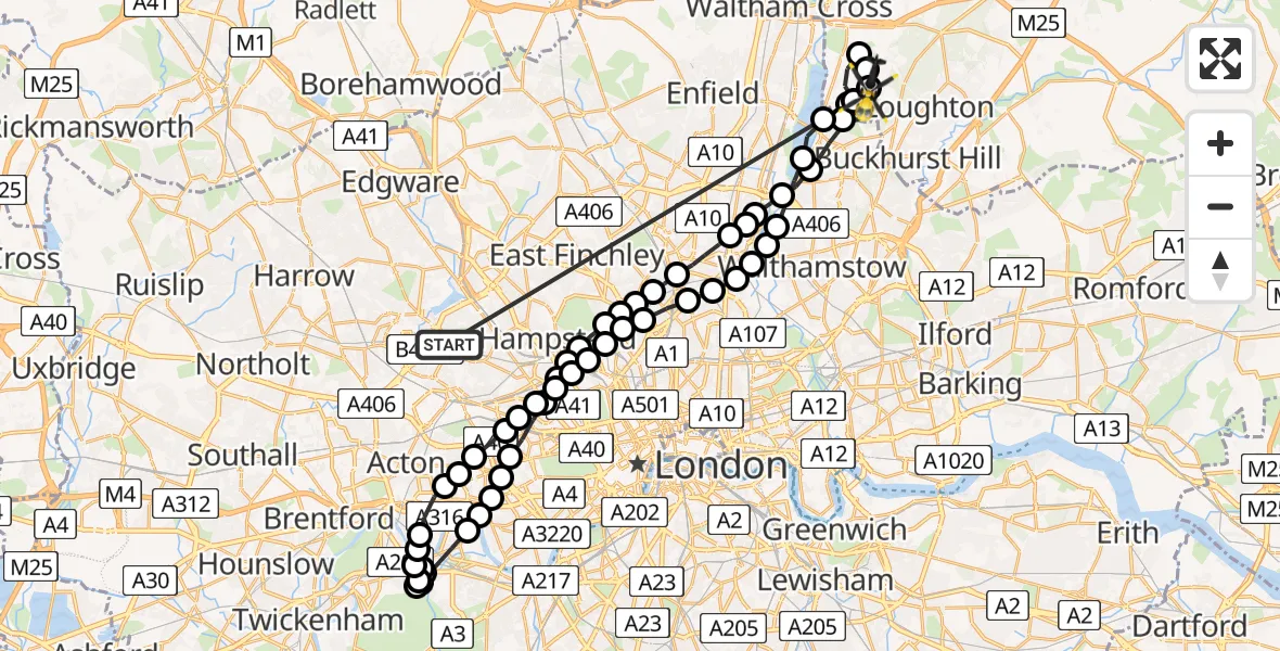 Flight route Police Helicopter Dollis Hill - Metropolitan Police Air Support Unit Lippitts Hill, 18 May 2026, 03:37