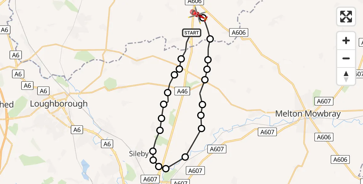 Flight route Air Ambulance Helicopter Willoughby on the Wolds - Nottingham Heliport, 18 May 2026, 05:52