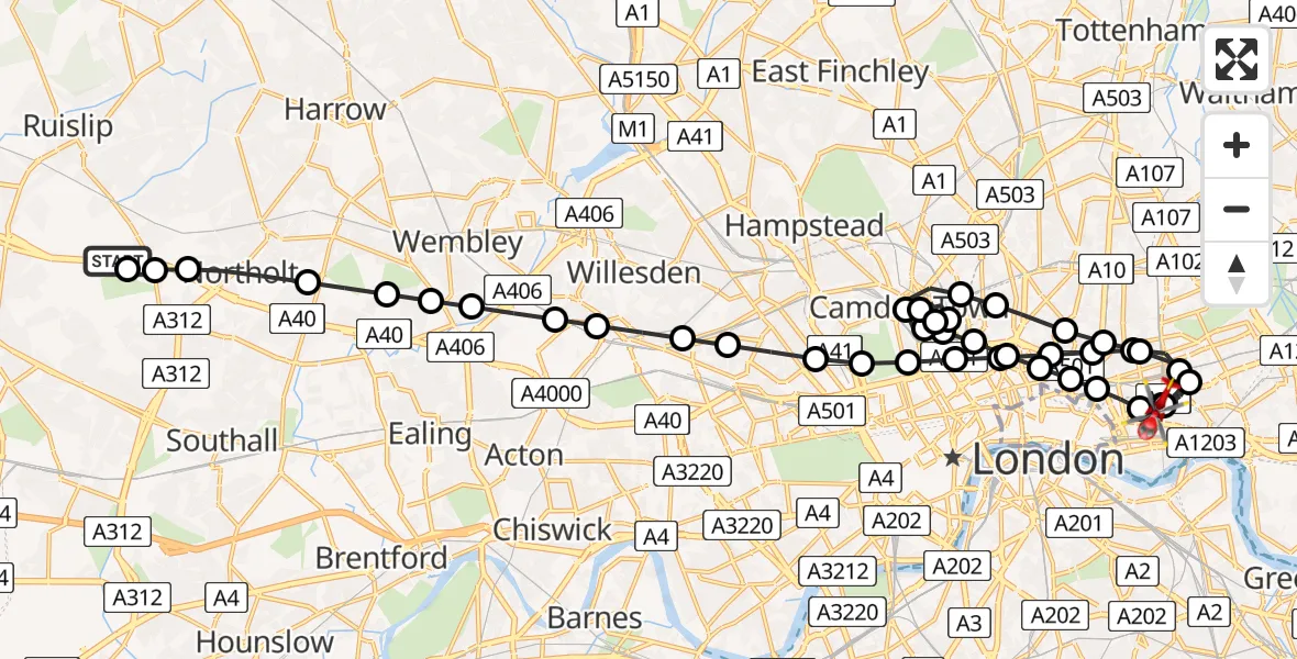Flight route Air Ambulance Helicopter RAF Northolt - Royal London Hospital, 18 May 2026, 07:12